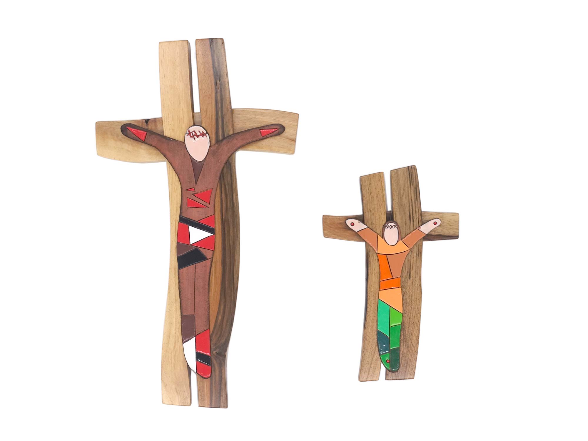 Lidija Debelak križ veliki rjav barven oranžen zelen razpelo crucifix Jesus Jezus krščanstvo Etno galerija Skrina