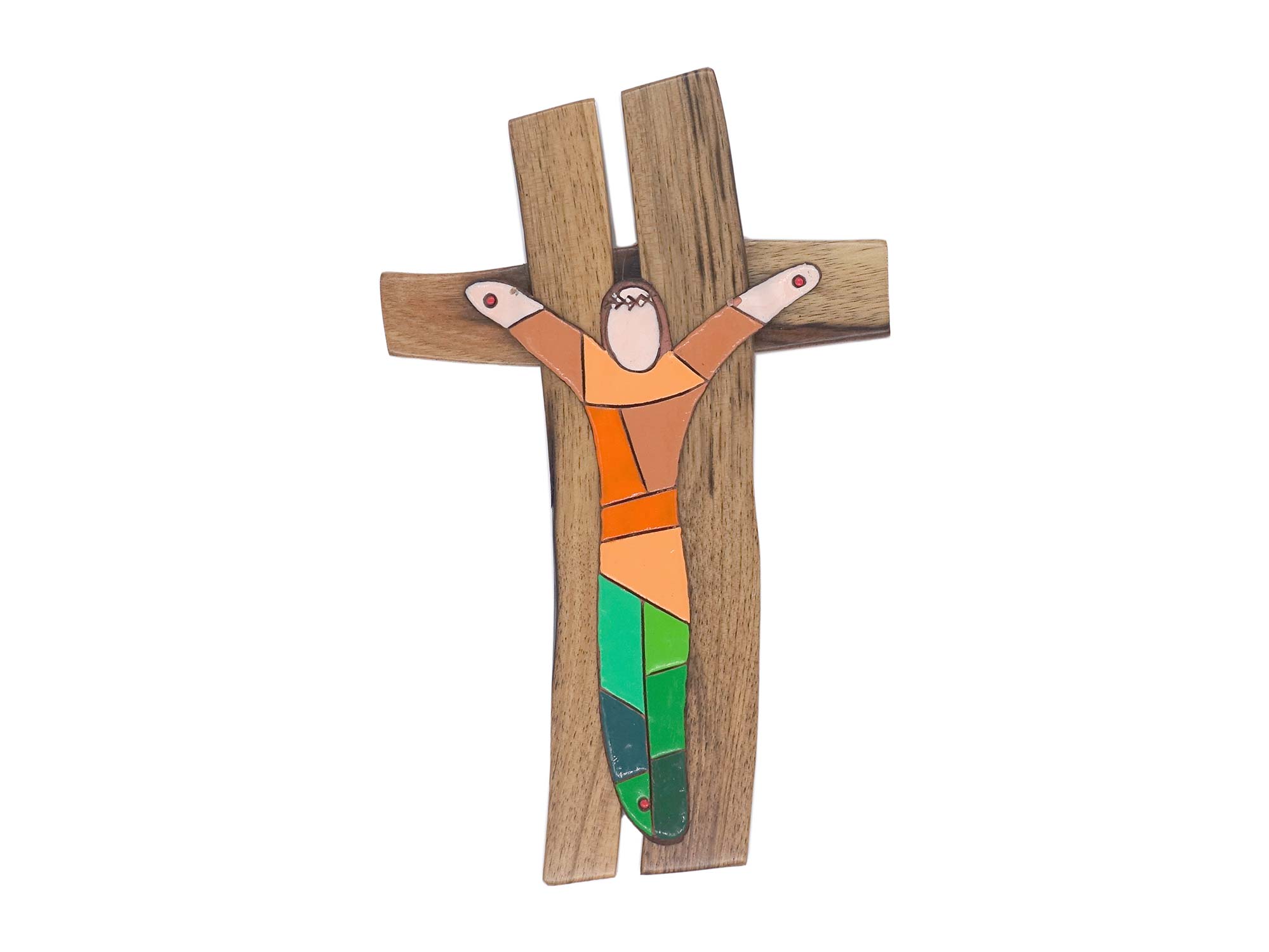 Lidija Debelak križ veliki barven oranžen zelen razpelo crucifix Jesus Jezus krščanstvo Etno galerija Skrina