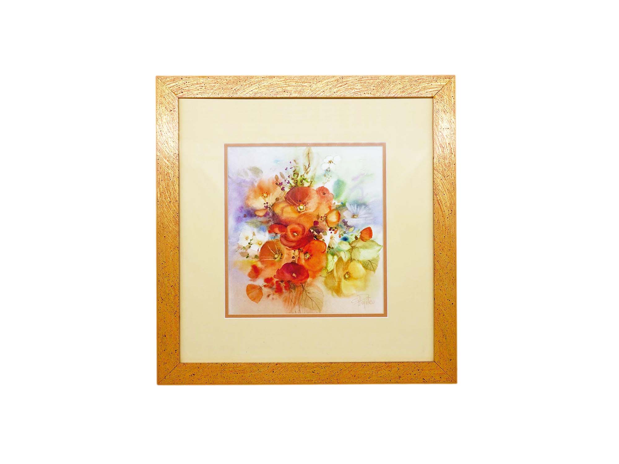 Goranka Politeo Akvarel oranžno zlato cvetje mak vrtnice šopek darilo