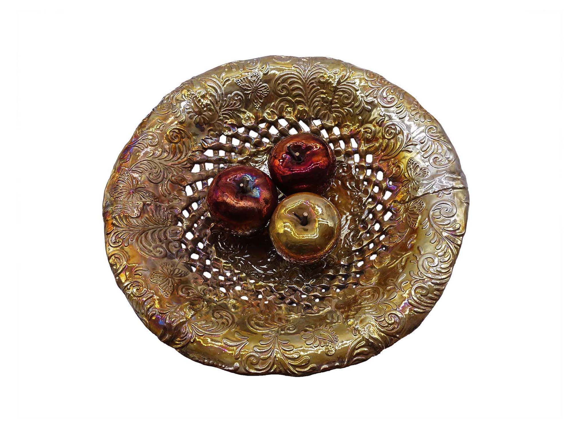 Keramika raku krožnik z jabolki raku tehnika art keramika unikatno darilo raku keramika